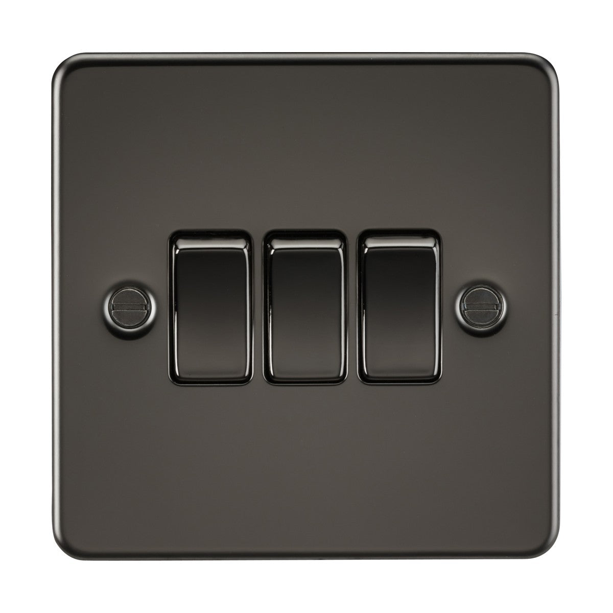 The 10AX 3 Gang 2-Way Switch in gunmetal boasts a sleek, modern design. It has rectangular toggles on a square flat plate with two screws, one on each side.