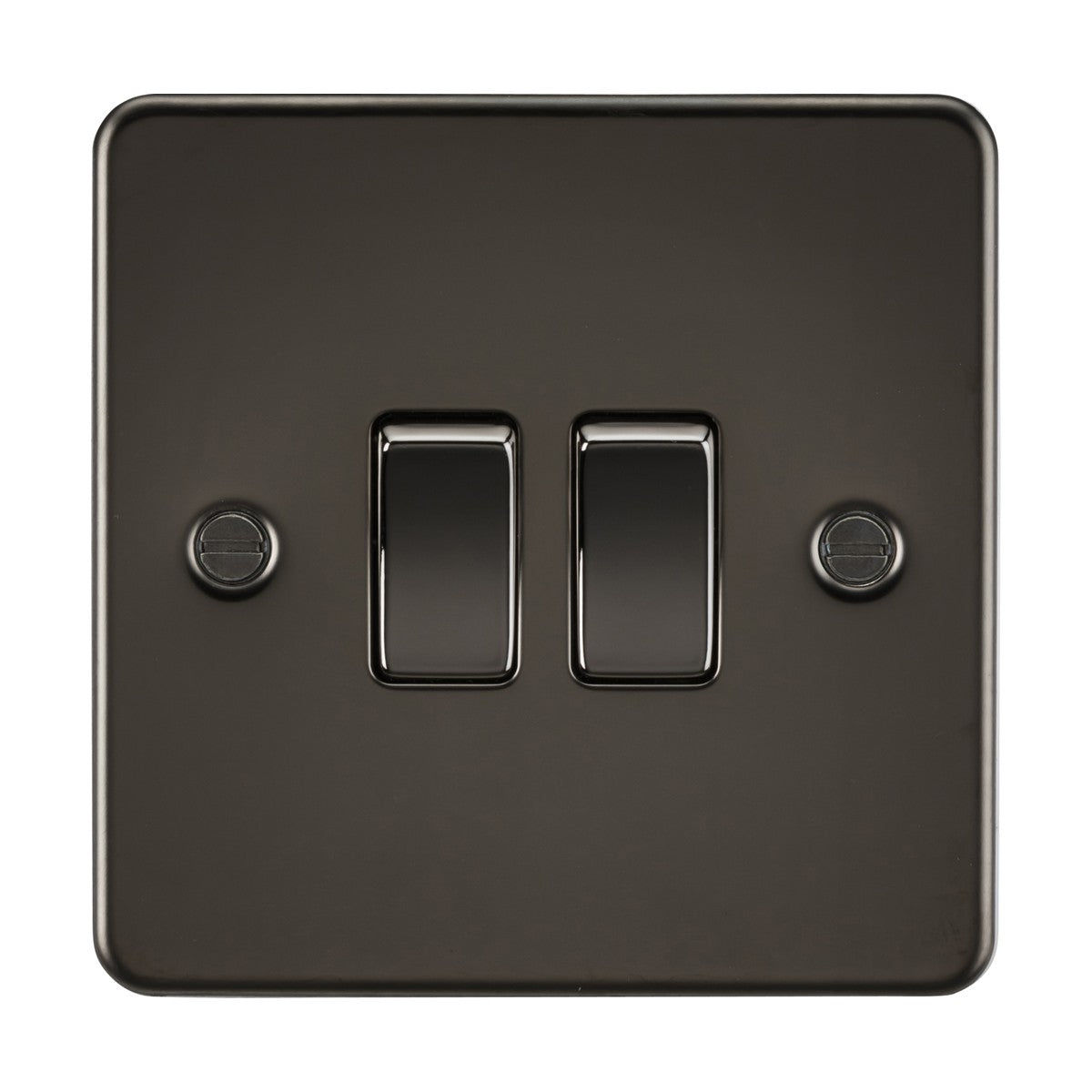A gunmetal 10AX 2 gang 2-way switch on a flat plate design is shown against a plain background, secured by two screws.