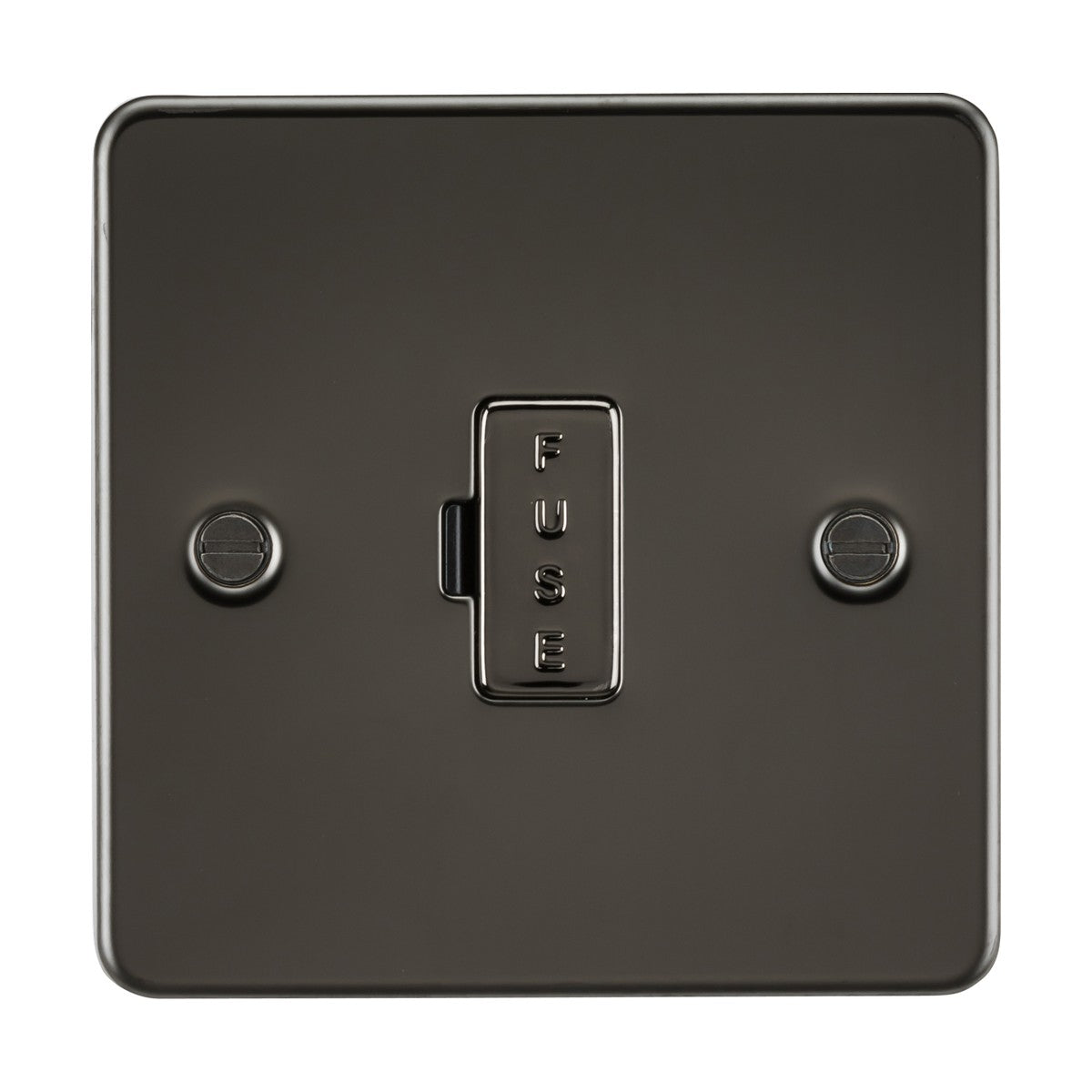 The 13A Fused Spur Unit in gunmetal features a black metal switch with two screws and a FUSE labeled button. Its ultra-low profile flat plate design seamlessly combines style and function.
