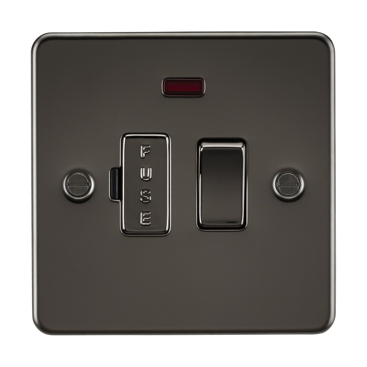 The 13A Switched Fused Spur Unit Neon - Gunmetal (Flat Plate) is a square metallic unit made from premium steel. It has FUSE embossed vertically on the fuse holder, with a rocker switch below a red indicator light and two screws on each side for secure mounting.