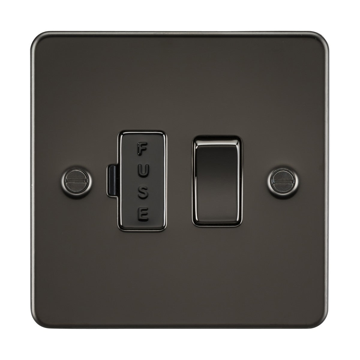 The 13A Switched Fused Spur Unit - Gunmetal features a toggle switch, FUSE label on the left, and is crafted from premium steel. Its sleek flat plate design and two-screw installation lend a refined touch to any space.