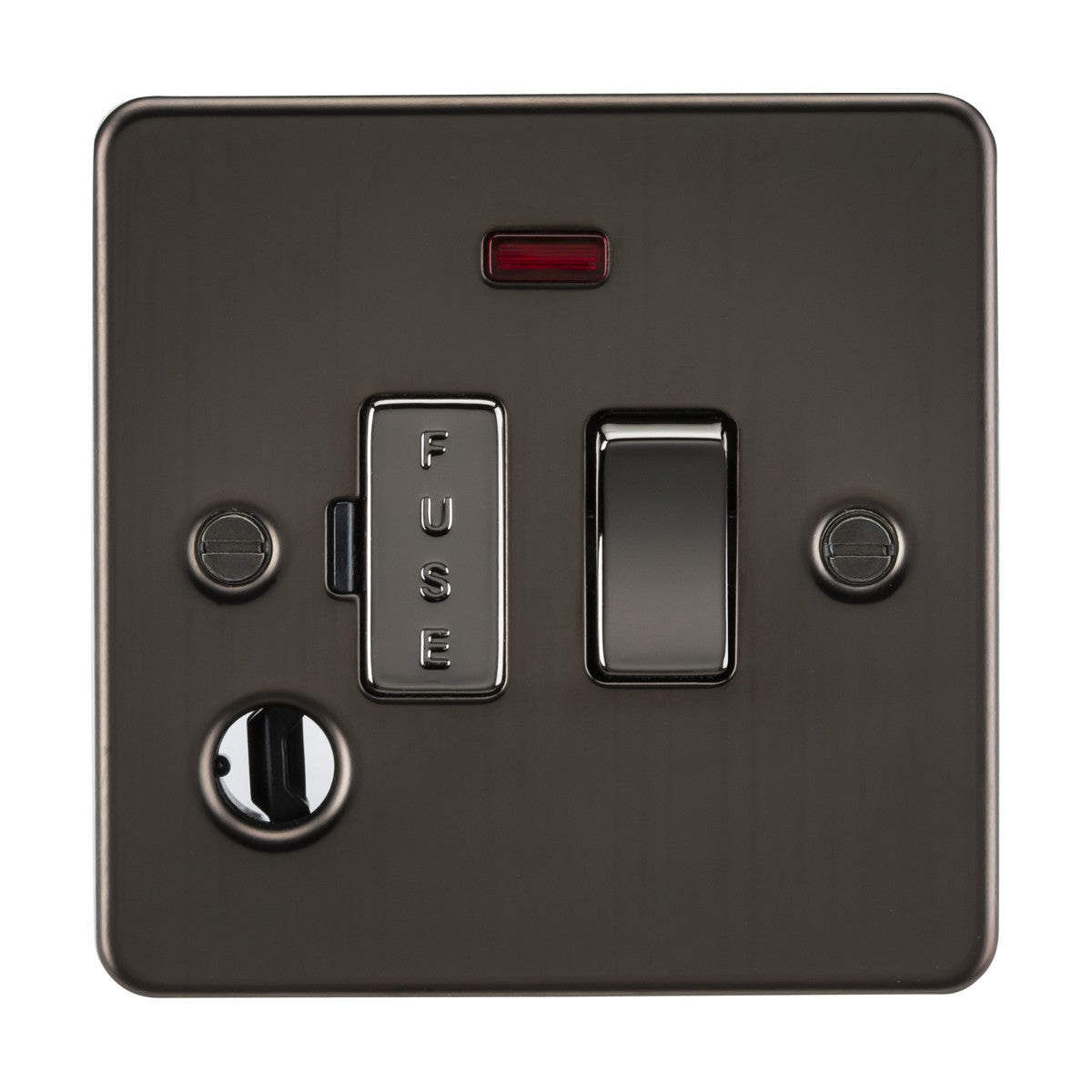 The 13A Switched Fused Spur Unit Neon & Flex Outlet in a sleek gunmetal flat plate design includes a labeled FUSE button, neon indicator light, and is secured with two screws.