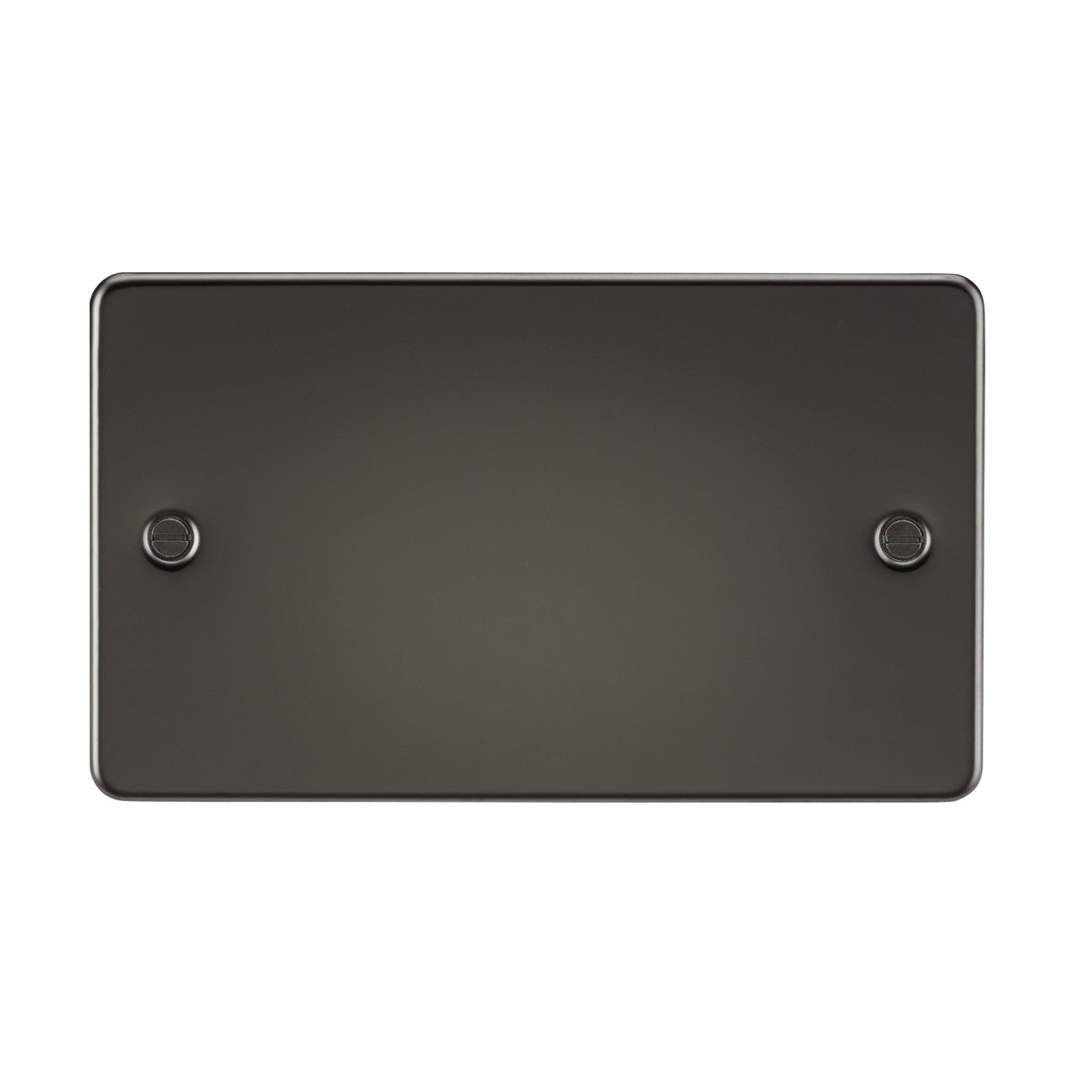 The 2 Gang Blanking Plate - Gunmetal (Flat Plate) is a dark, rectangular item with rounded edges, made from premium-grade steel. It showcases two circular elements on opposite sides, against a white background.