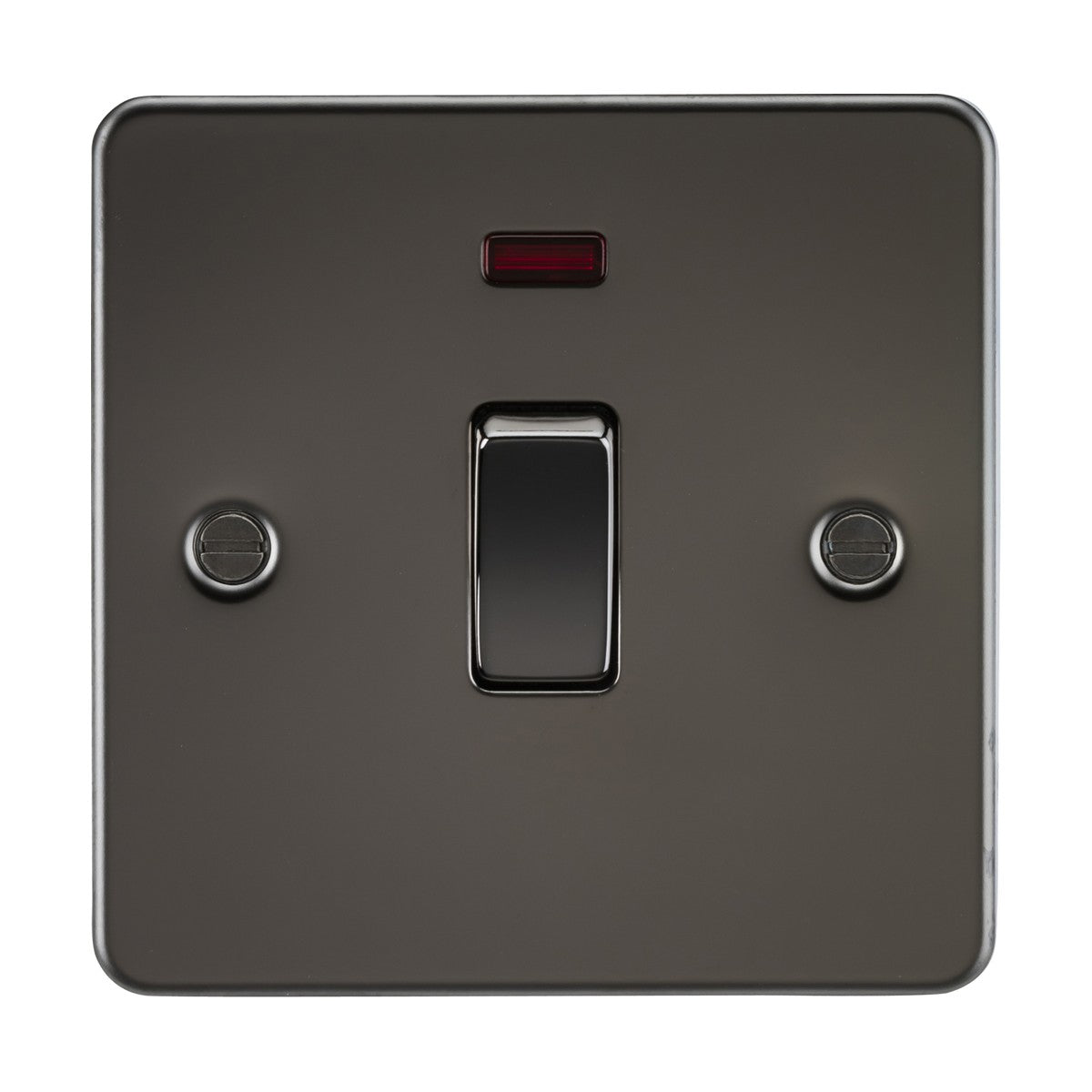 The 20A 1 Gang DP Switch Neon in gunmetal features a central toggle, two metal screws, and a red indicator light on top, all set against a flat plate on a white background for stylish functionality.