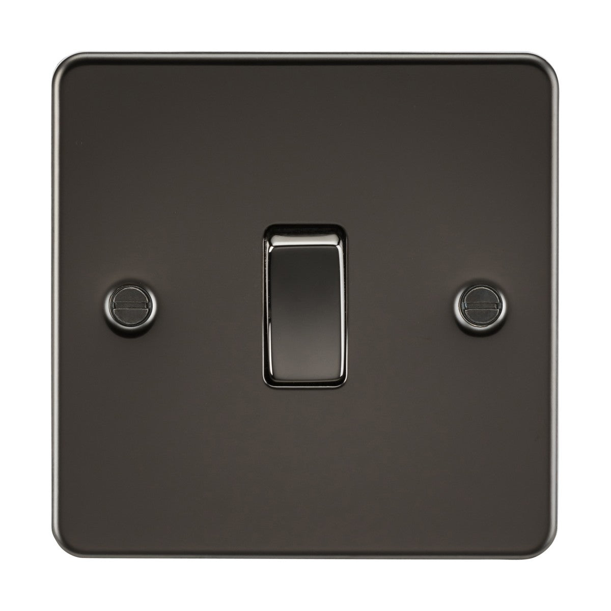 The 20A 1 Gang DP Switch - Gunmetal (Flat Plate) is a sleek wall light switch featuring a single central toggle on a smooth, reflective gunmetal finish with two visible screws flanking the design.