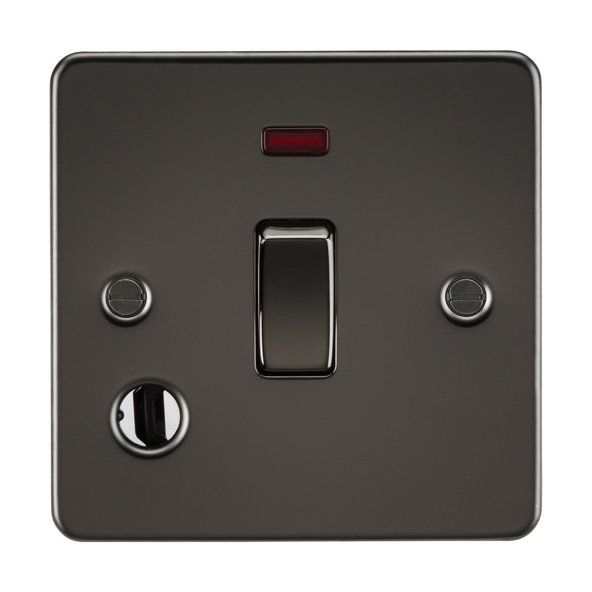 The 20A 1 Gang DP Switch Neon & Flex Outlet in gunmetal displays a black double pole switch with a red indicator light, featuring an ultra-low-profile design, metallic finish, and two side screw placements.