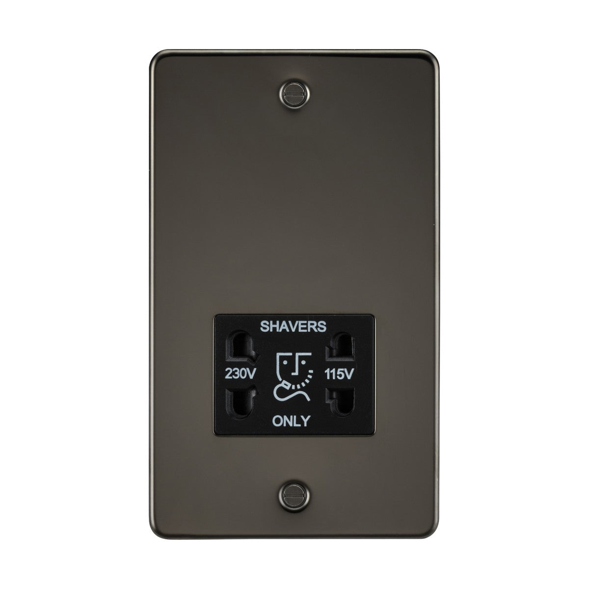 The 115/Dual Voltage Shaver Socket - Gunmetal (Black Insert, Flat Plate) features dual voltage options of 230V and 115V, crafted from premium-grade steel with a dark faceplate labeled SHAVERS ONLY, meeting IP41 standards for protection.