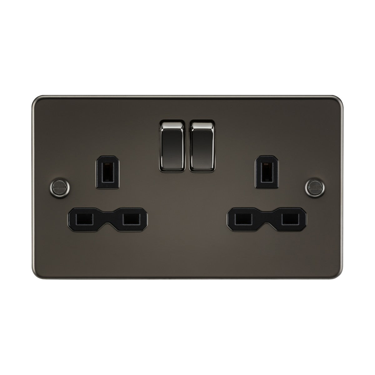 The 13A 2 Gang DP Switched Socket with Twin Earths in gunmetal features a sleek flat plate design with a black insert. It includes double pole switches, two plugs, and visible screw holes for easy wall mounting.