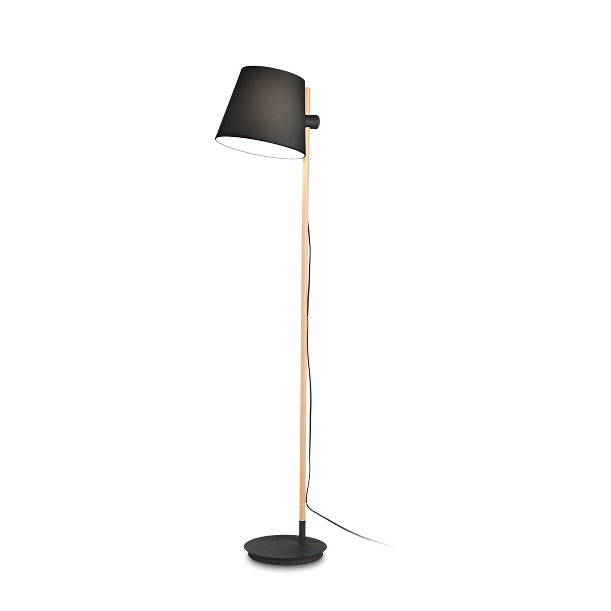Introducing the Twine Wood Floor Lamp - Black, featuring a minimalist design with a slender wooden stand and an adjustable black lampshade. The contrast between the base and shade highlights its contemporary style, while the visible cord adds to its sleek appearance. Set against a plain white background, this lamp epitomizes modern elegance.