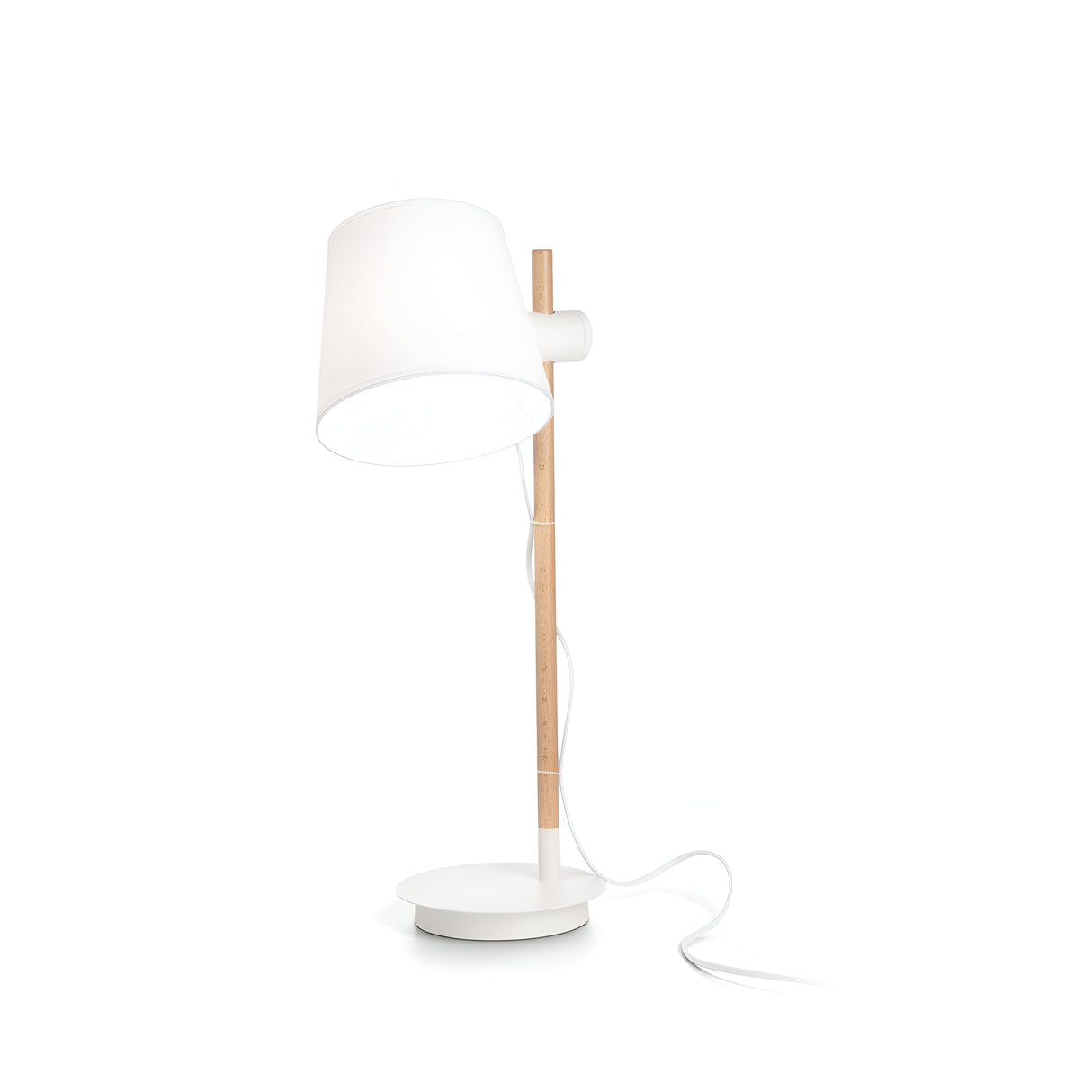 The Twine Wood Table Lamp - White is a contemporary table lamp that showcases a white shade and wooden stand on a round base. The power cord is visible, extending from the shade to the base. Its sleek lines highlight modern design, while its adjustable lighting provides practicality within its minimalist aesthetic.