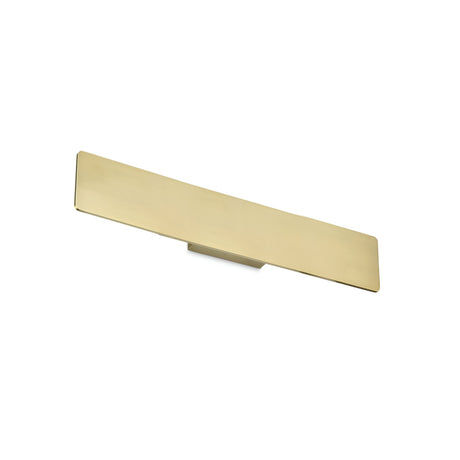 The Flara LED Wall Light 23W 3000K - Brass, 53cm features a minimalist design with a rectangular, elongated horizontal shape and a brass-colored finish. This modern light fixture, ideal for contemporary interiors, incorporates energy-efficient LEDs and is mounted using a small central bracket on the back.