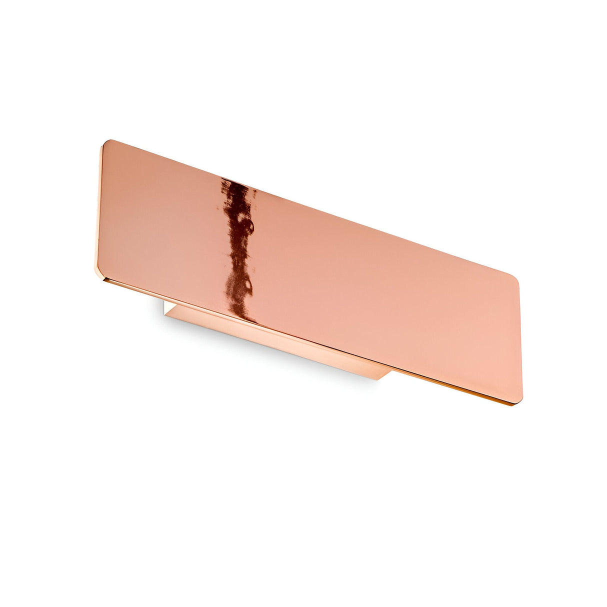 Introducing the Flara LED Wall Light 12.5W 3000K - Copper, a sleek rectangular fixture with a copper finish and reflective surface, designed to be mounted horizontally. Its simple yet modern aesthetic complements interior decor beautifully while offering energy efficiency.