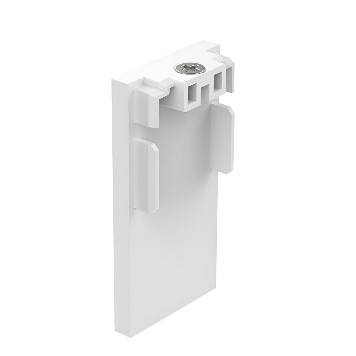 A Luxeon-2 End Power Cap for 3-Phase Track in white, constructed from polycarbonate with a small metal screw at the top. The design includes grooves and ridges for securing items, making it perfect for 3-phase track lighting systems. It is showcased against a plain white background.