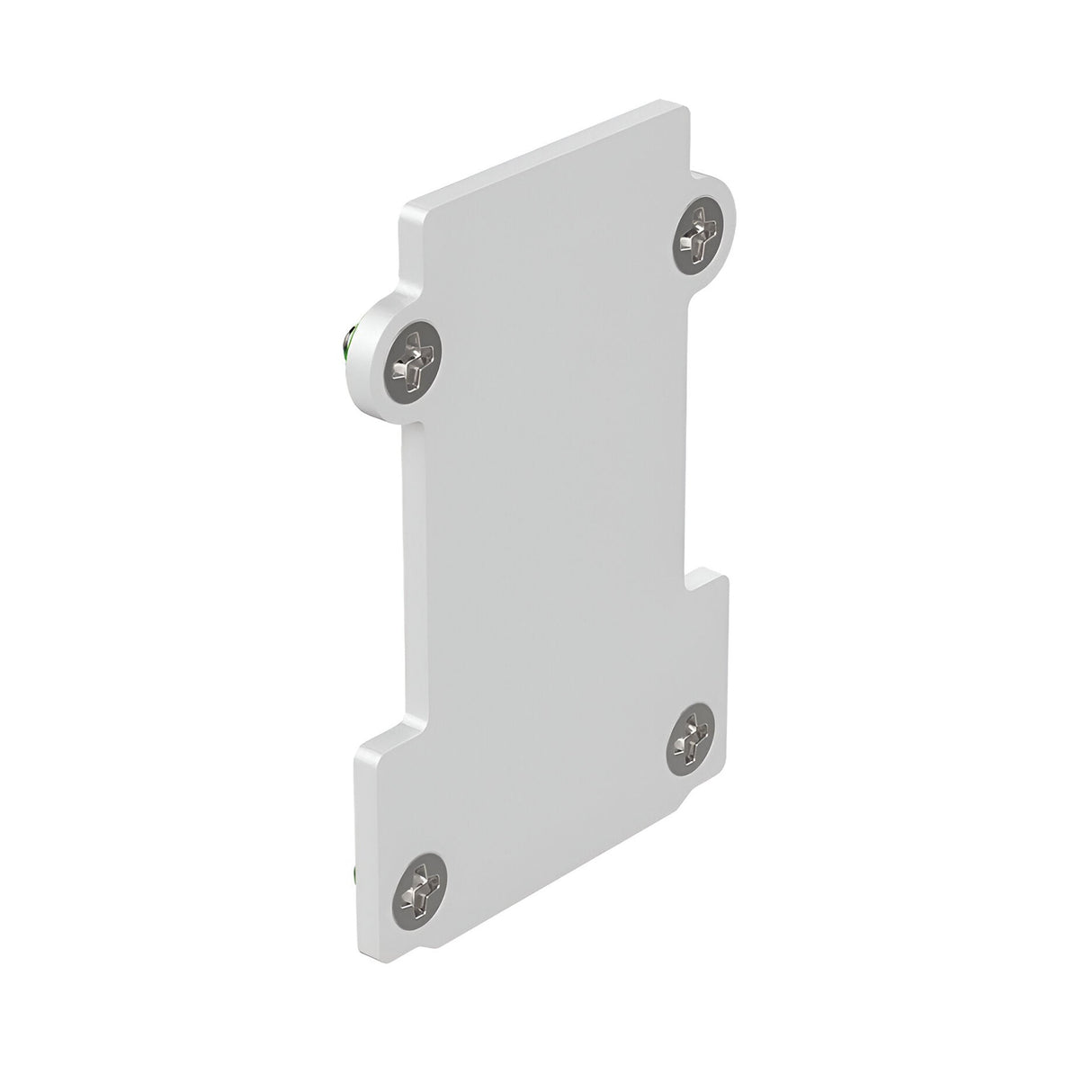 The Luxeon-2 Small Recessed End Power Cap Track - White is a rectangular piece featuring rounded edges and secured by four corner screws. Made from durable metal, it is designed for sturdy mounting, ideal for recessed track lighting applications. It stands upright against a plain background.