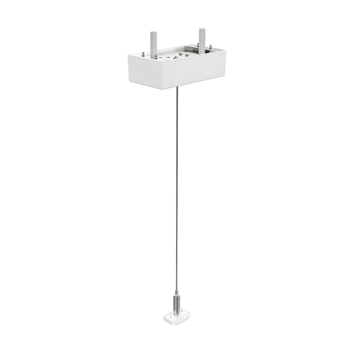 Introducing the Luxeon Kit Single Steel Cable 2m With Ceiling Cap in White: This minimalist rectangular pendant light fixture features a metal rod extending downward to a smaller white rectangular base. It includes two metal posts protruding from the top and is equipped with a ceiling cap for seamless installation.