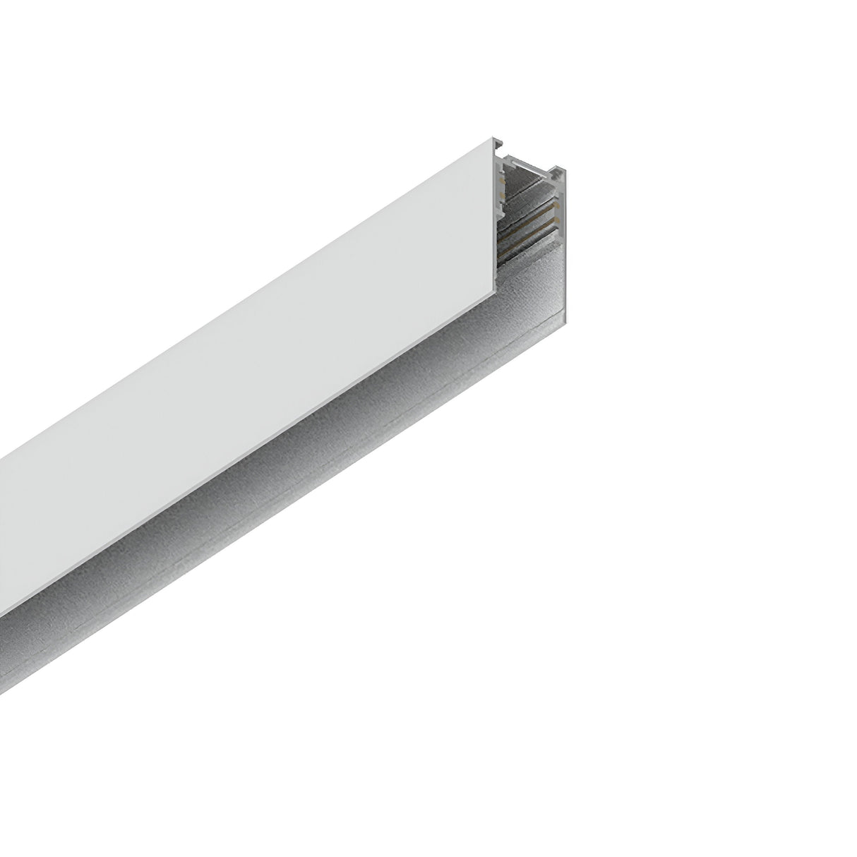 An up-close view of an extruded aluminum profile showcases a sleek, rectangular design. This white profile, perfect for Luxeon Surface-Mounted Track 1m applications, includes a groove extending its length and seems suited for structural or architectural uses.