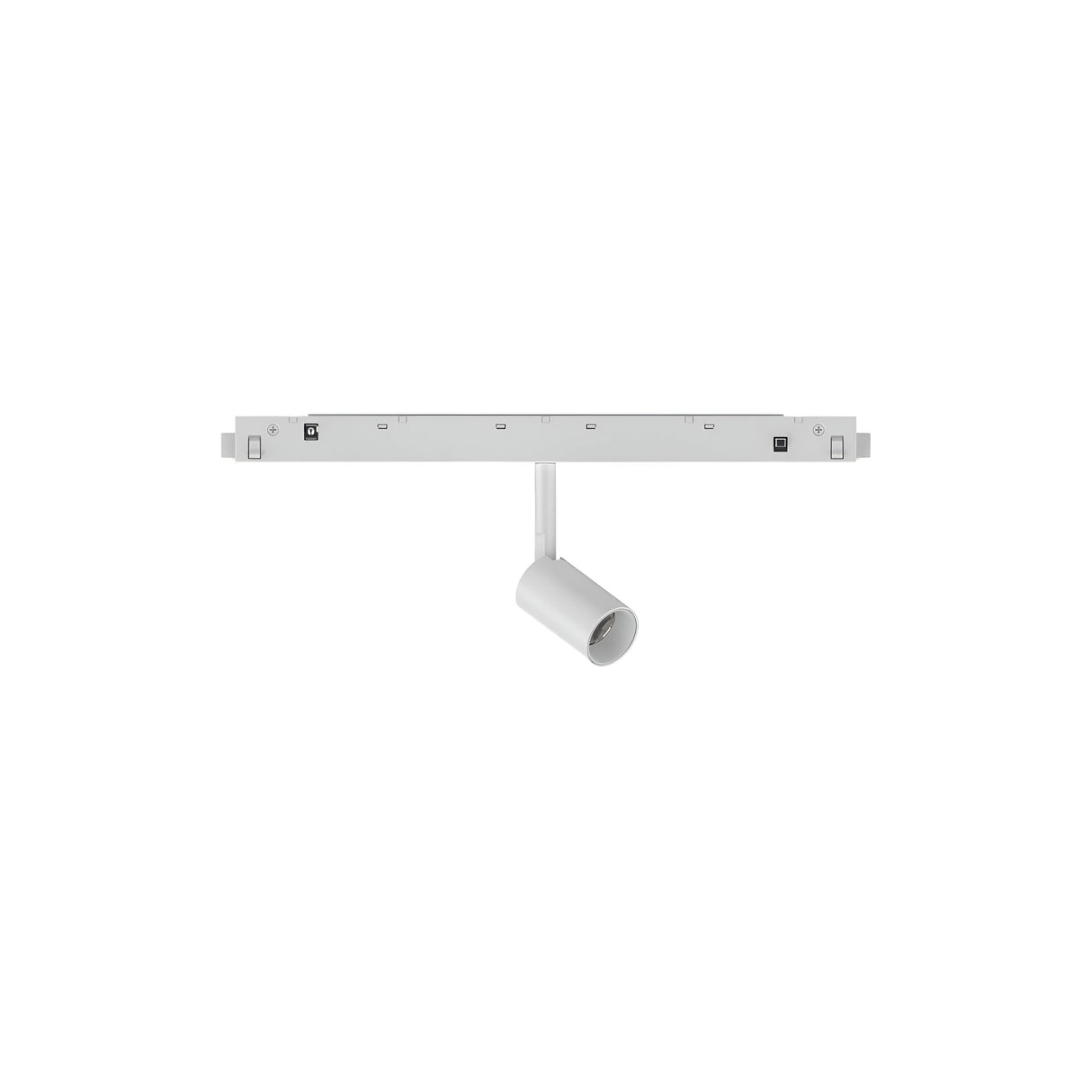 The Luxeon LED Magnetic Track Spotlight 3W 3000K - White is a minimalist lighting fixture featuring a single adjustable cylindrical light mounted on a sleek horizontal bar. It emits warm tones at 3000K, making it ideal for modern interiors while offering a stylish and energy-efficient solution.