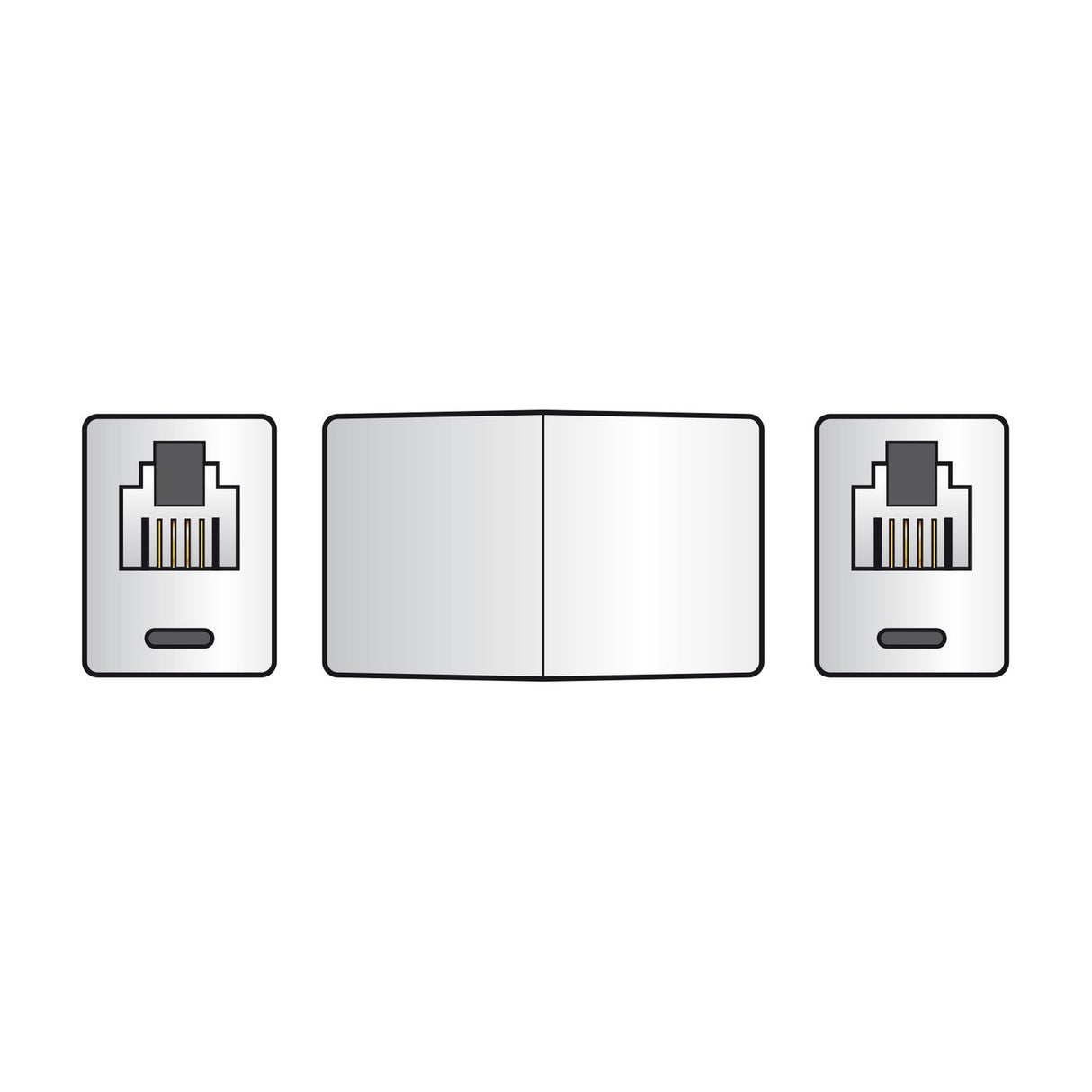 AVSL RJ11 6P4C inline coupler with back-to-back female sockets shown alongside end views of the 4-pin modular ports on a plain background.