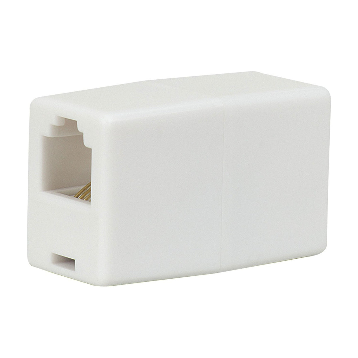 AVSL RJ11 6P4C inline coupler in white ABS plastic with two back-to-back female sockets, shown on a plain white background.