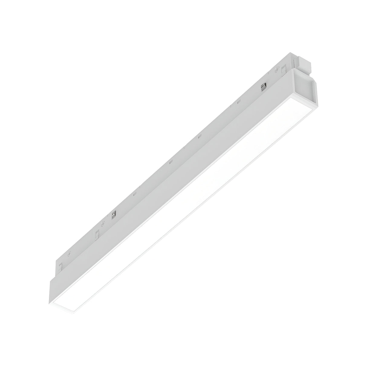 The Luxeon Wide LED Magnetic Linear Track Light 7W 3000K On-Off - White showcases a long, rectangular shape with a sleek white metal casing and a frosted cover. Its minimalistic design delivers a 3000K light output, ideal for energy efficiency, set against a plain white background.