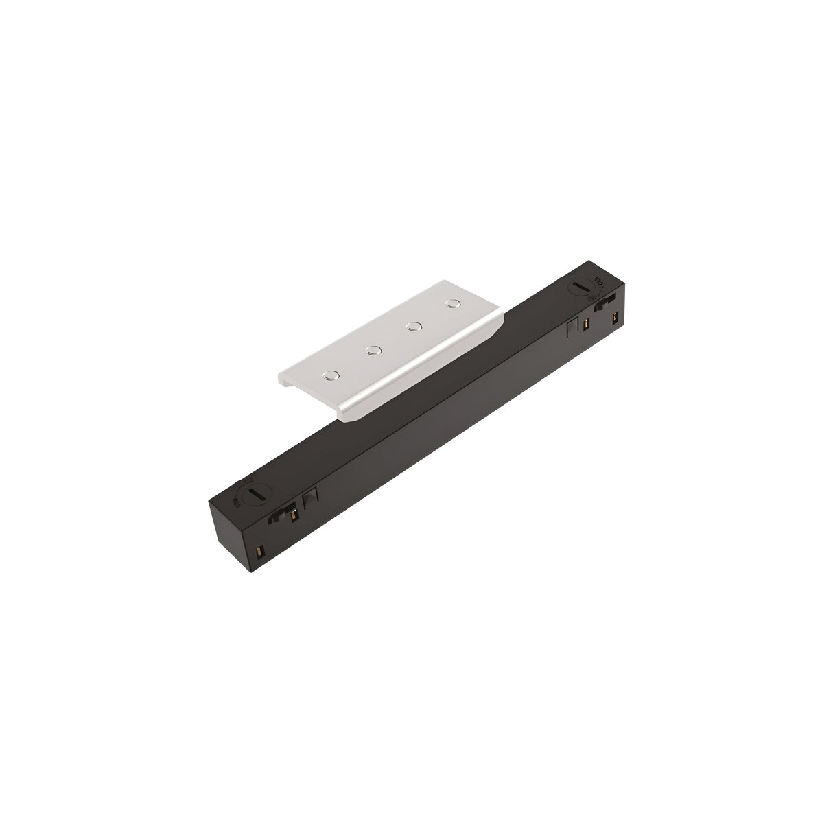 A black rectangular Luxeon Recessed Linear Track Connector is displayed on a white background. It includes a white mounting bracket on top, facilitating easy installation on surfaces, reminiscent of the sleek efficiency of a modern power strip with multiple outlets.