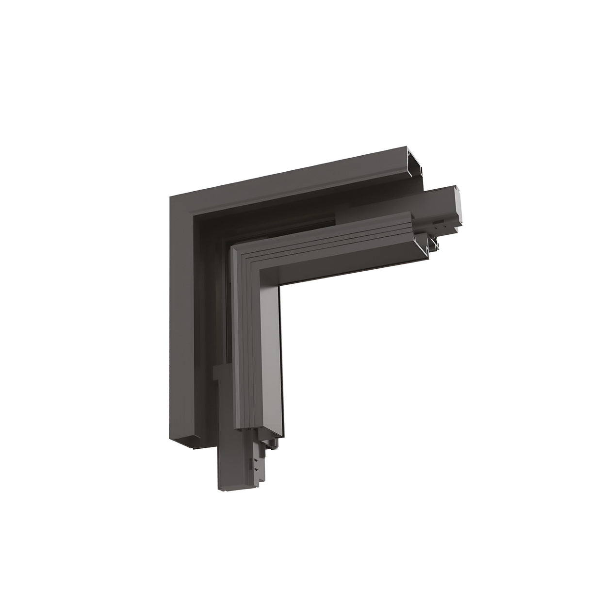 The Prismatic Recessed Corner L-Connector in black showcases an angular metal frame with interlocking pieces and an aluminum connector. This structure creates a right angle, ideal for modern interiors or architectural detailing, set against a white background for contrasting clarity.