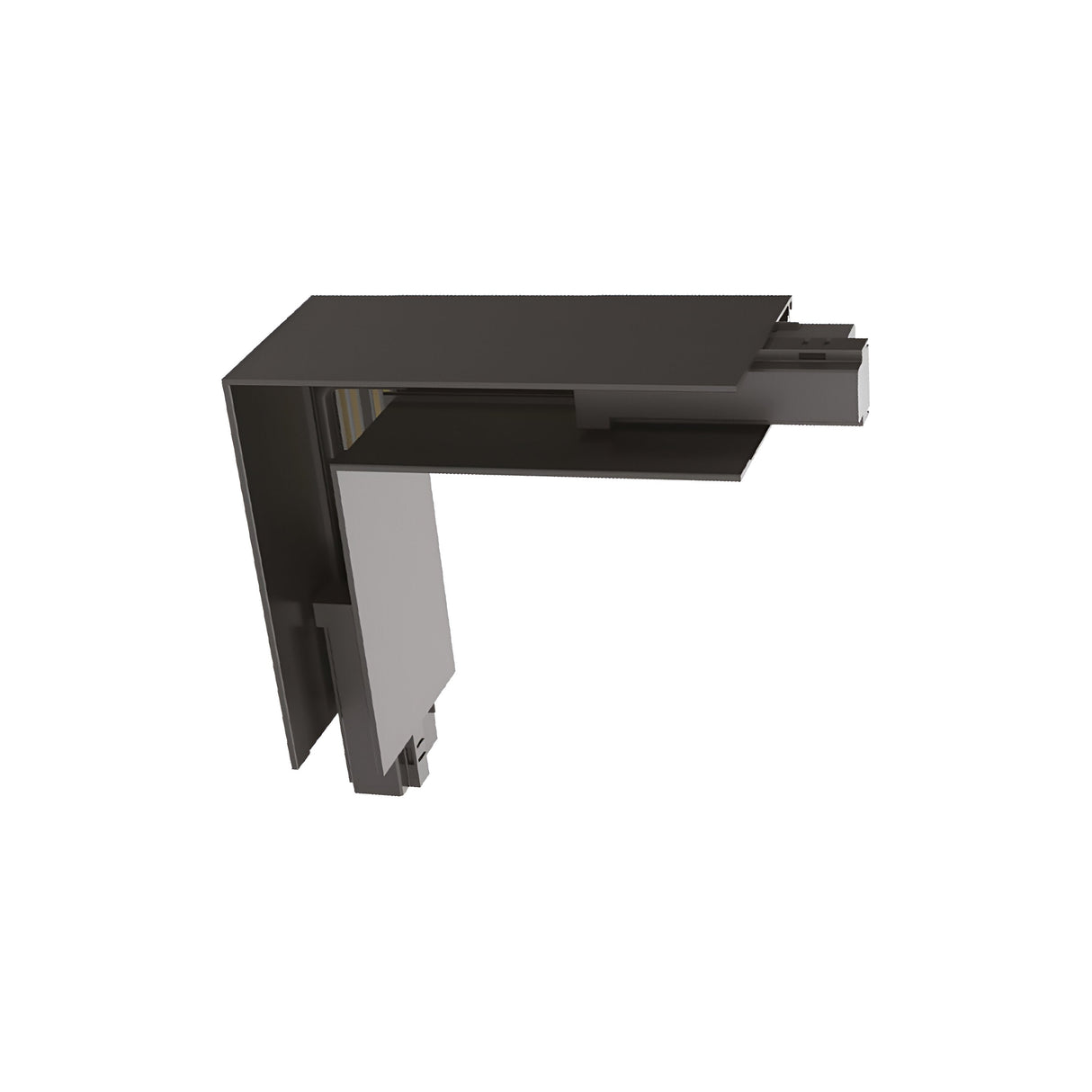 Isometric view of a modern architectural component in a bracket style, characterized by its sleek, angular design that seamlessly incorporates the Prismatic Corner L-Connector. The piece appears to be crafted from metal with a black finish, featuring multiple flat surfaces and edges.