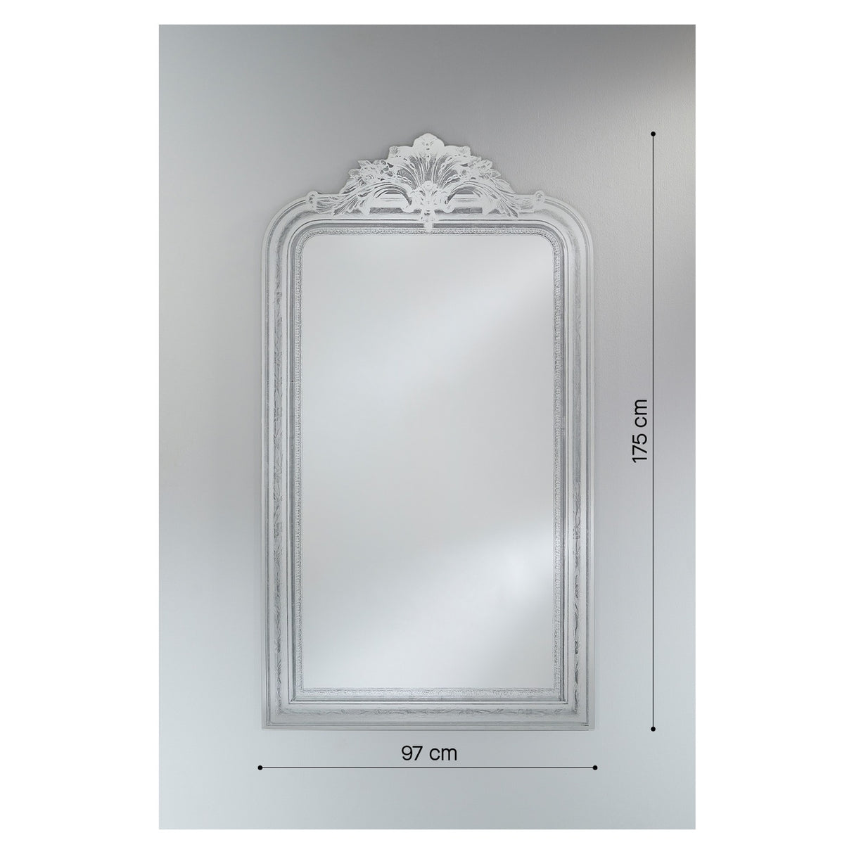 Haussmann full length mirror with rectangular mirrored glass, moulded silver frame and ornate scrolled crest, shown against a plain grey background with 97cm x 175cm dimensions marked.