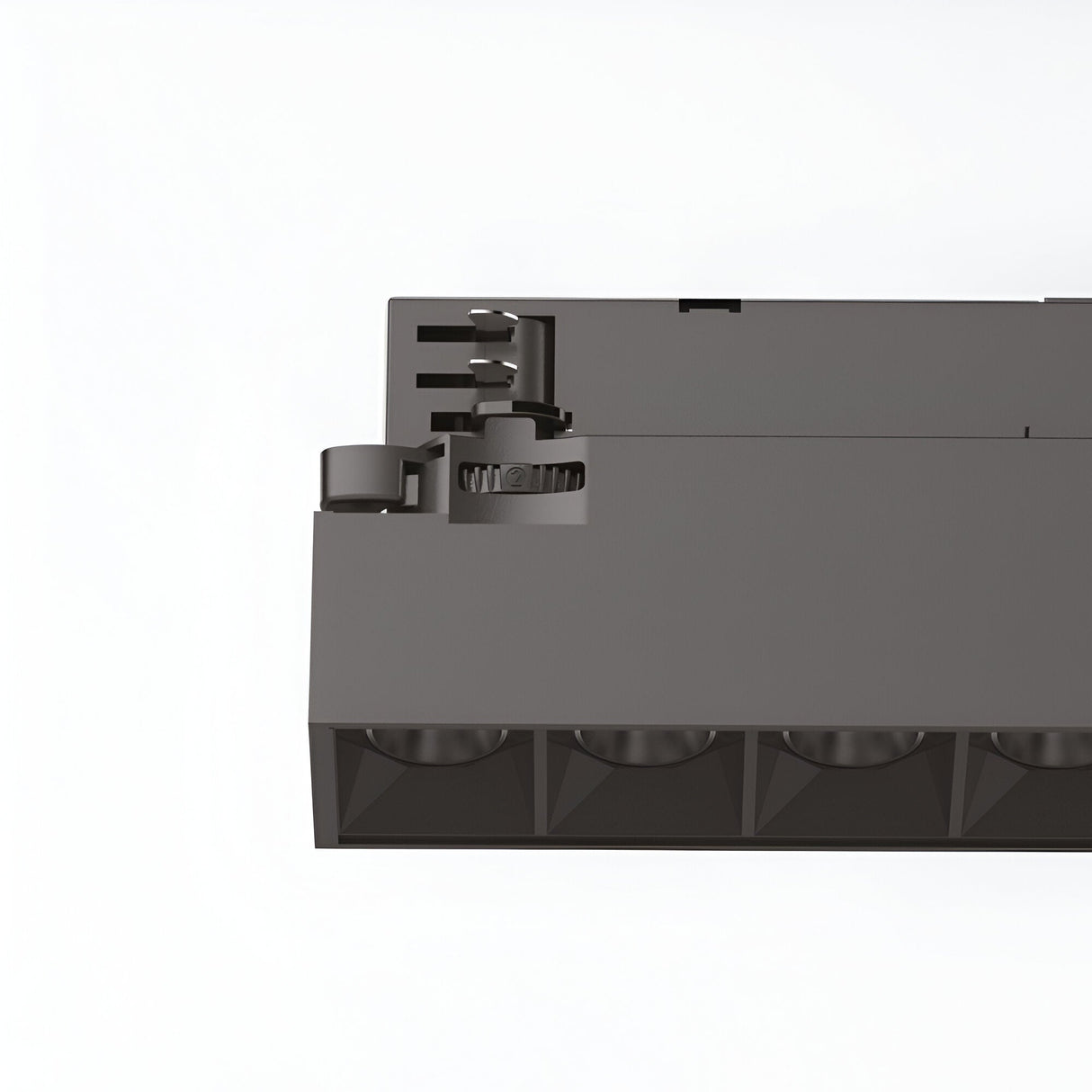 Close-up of a black electronic connector with multiple slots and grooves, labeled Wieland, suggests an application related to the Dune 3-Phase LED Linear Track Light 14W 3000K - Black, 535mm. The design features notches indicating an energy-efficient setup suitable for industrial or 3-phase use against a plain white background.