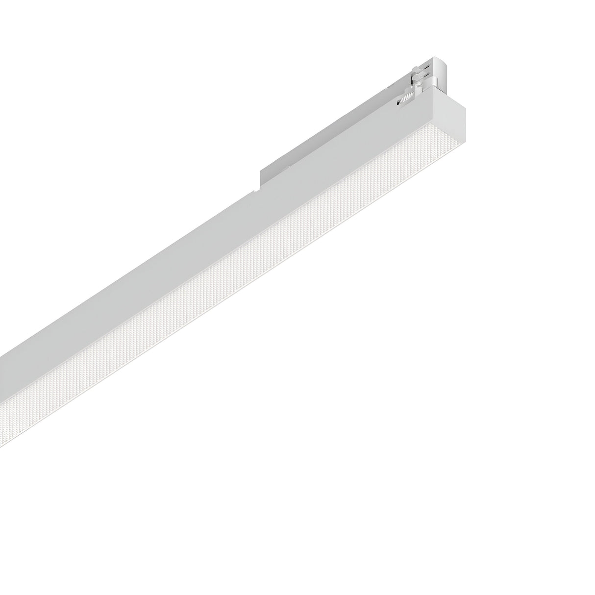 A Dune UGR 3-Phase LED Linear Track Light 40W 4000K in sleek white, measuring 1595cm, is mounted against a plain backdrop. Its modern design includes a perforated pattern on the cover, offering both style and efficiency with its low UGR rating while providing a soft and even illumination.