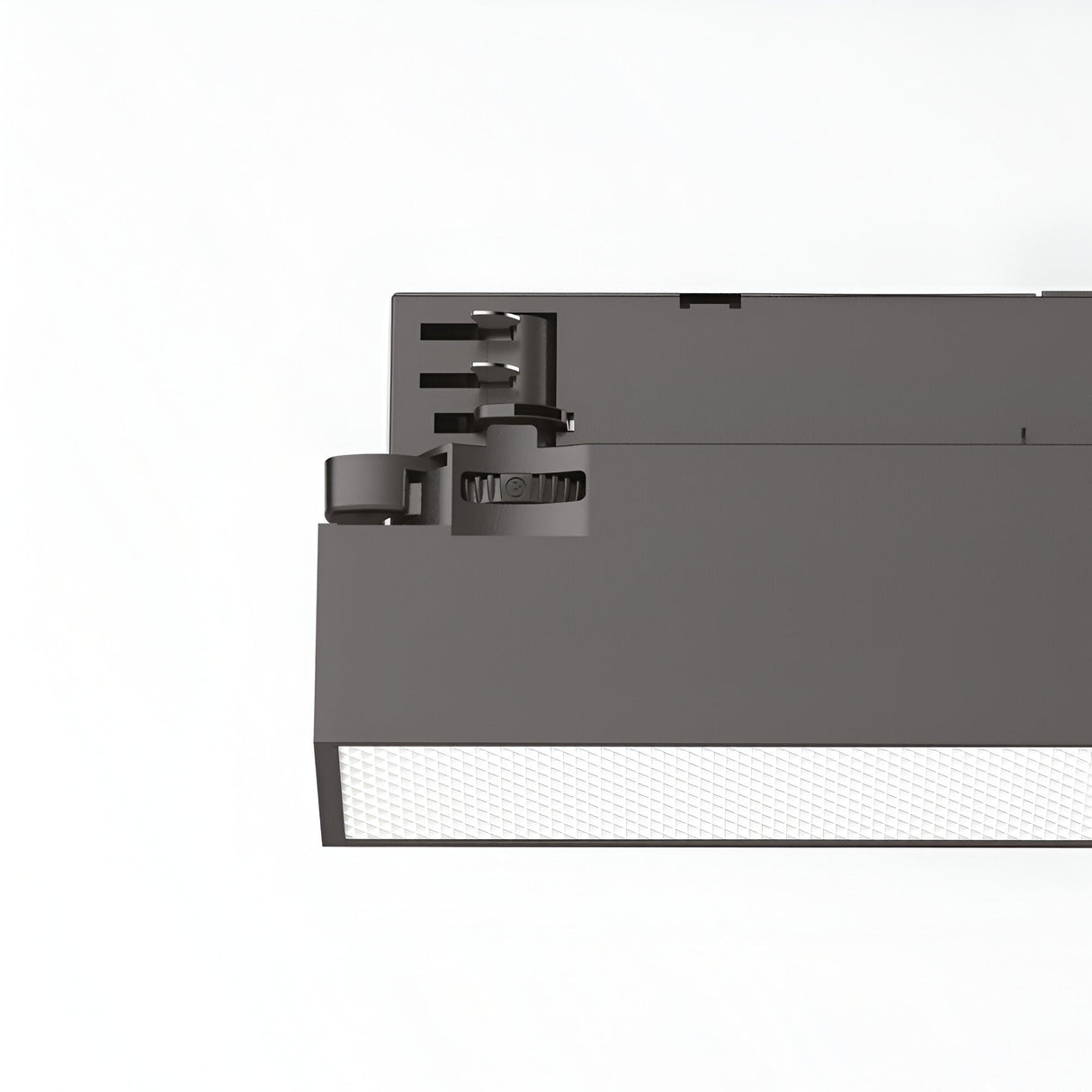 Close-up of the Dune UGR 3-Phase LED Linear Track Light 14W 3000K - Black, 535mm against a white background. The modern rectangular fixture features a patterned grid surface on the underside, along with visible screws and adjustable components, seamlessly integrating into a 3-phase system for versatile lighting solutions.