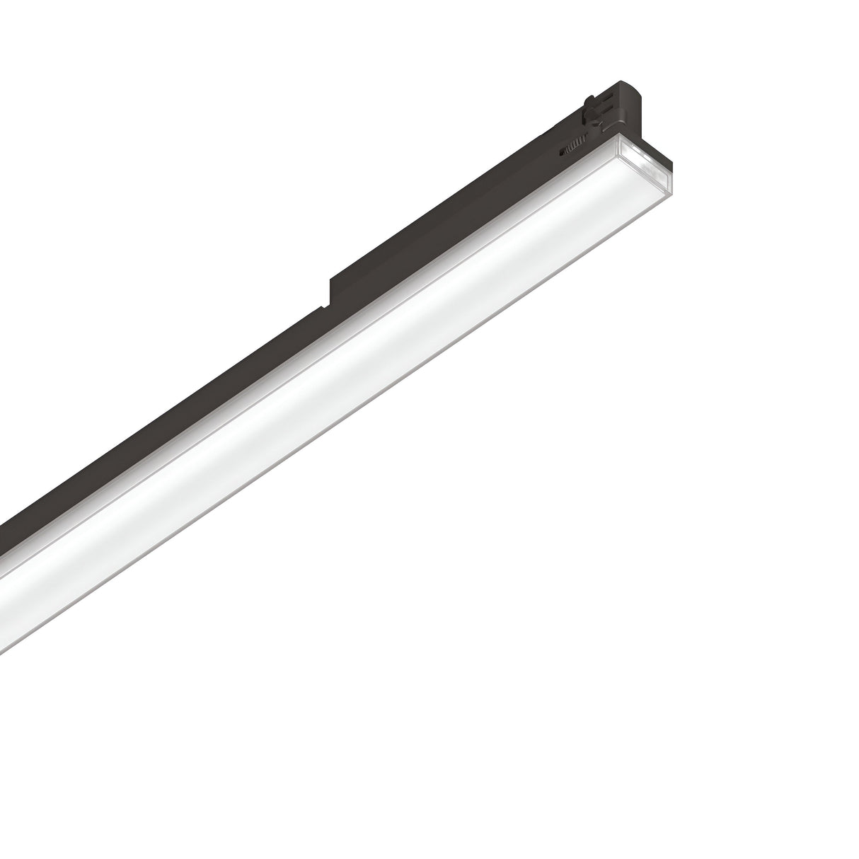 The Dune Wide 3-Phase LED Linear Track Light, featuring a modern black casing and sleek, rectangular design measuring 565cm, is positioned diagonally. Emitting bright white light with a color temperature of 3000K against a plain white background, this 21W fixture offers remarkable energy efficiency for any contemporary setting.