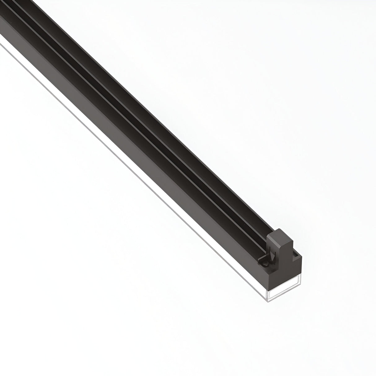 A lengthy Dune Wide 3-Phase LED Linear Track Light in black, featuring a 21W power and a clear end cap, is seen at an angle against a plain white backdrop, showcasing energy efficiency for modern environments.