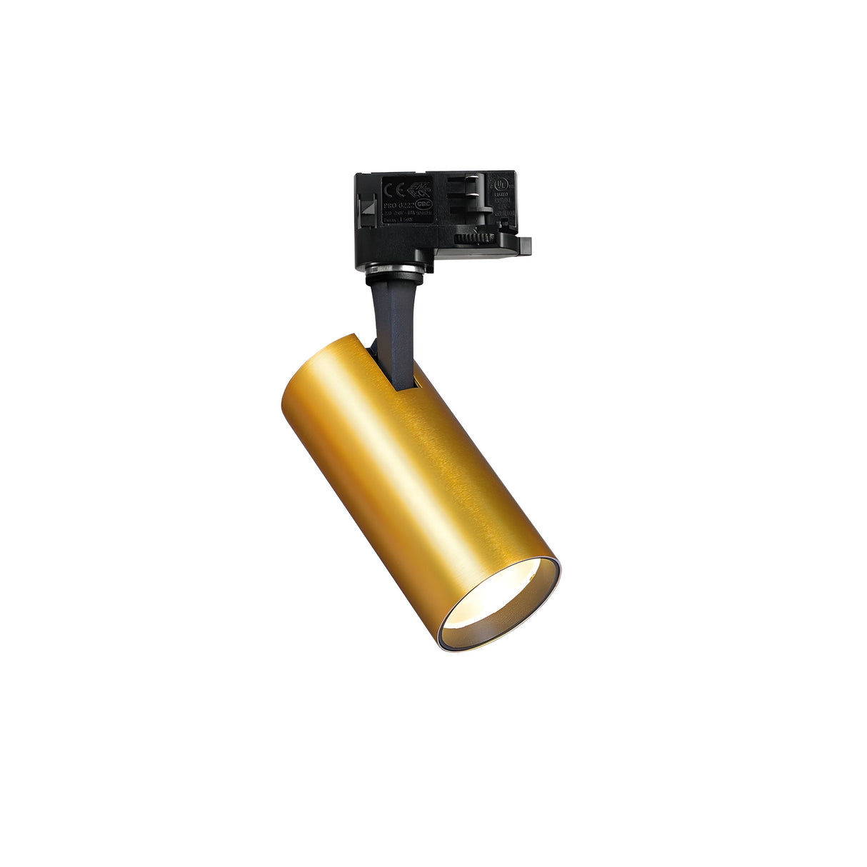 The Ignis LED Three Phase Track Spotlight 15W CRI80 3000K in gold features a sleek, satin brass finish and a black mounting bracket. This simple and modern spotlight is designed to attach to a ceiling track system, providing adjustable directional lighting with CRI80 for vibrant color accuracy.