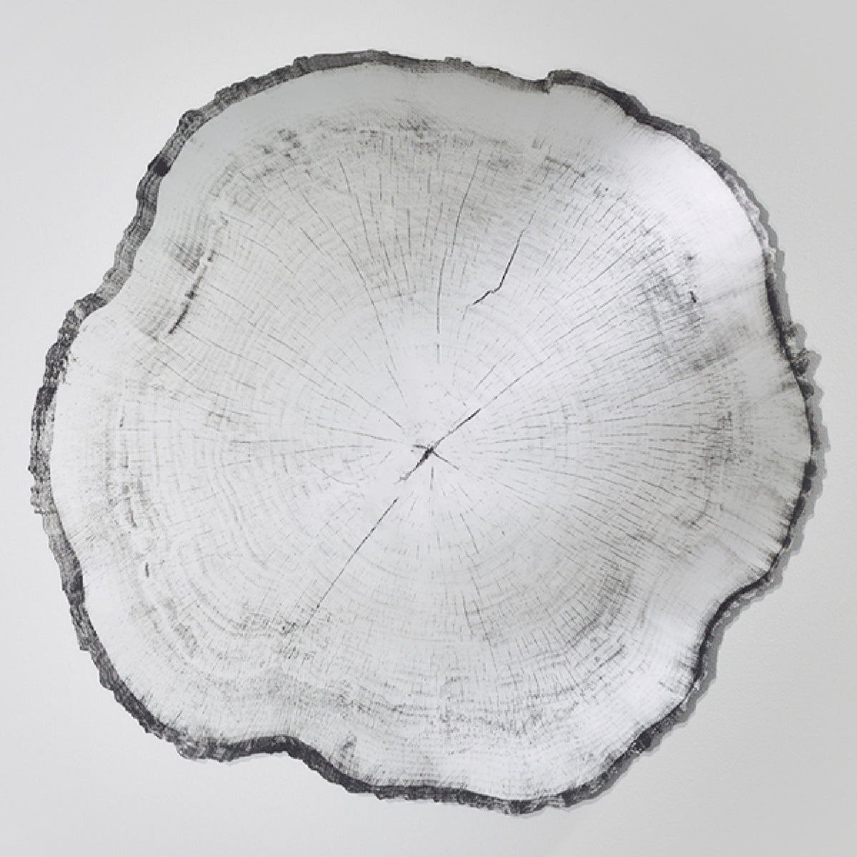Arbo Dark Tree Ring Printed Glass Wall Mirror 80cm, frameless irregular mirror shaped like a tree trunk slice with printed growth rings and charcoal bark-like edge, on a plain white background.