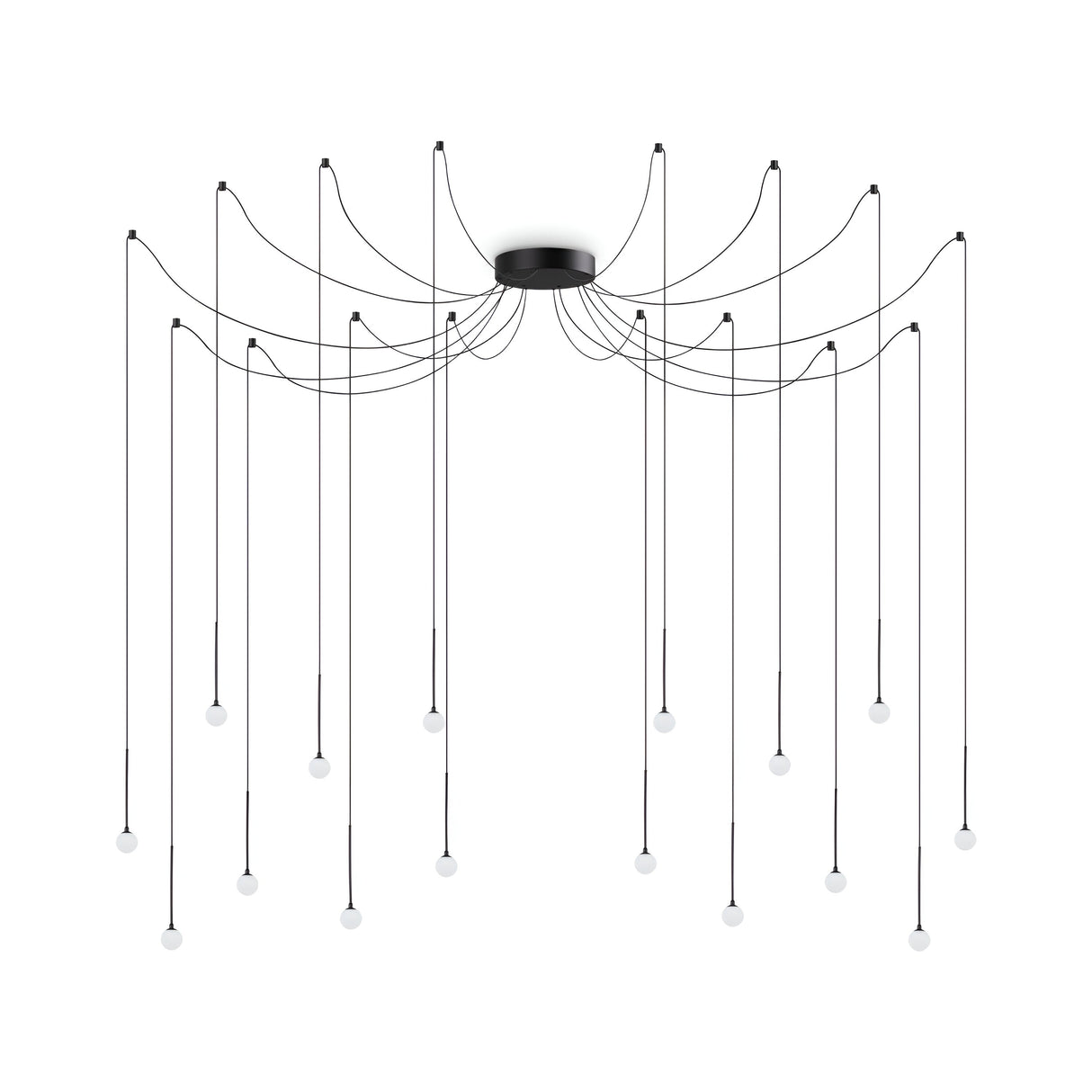 The Nimbus 16 LED Light Suspension 16W 3000K - Black is a modern chandelier featuring multiple black wires that radiate from a central base. Each height-adjustable wire concludes with a small white bulb, producing a contemporary cascading effect against the white background.