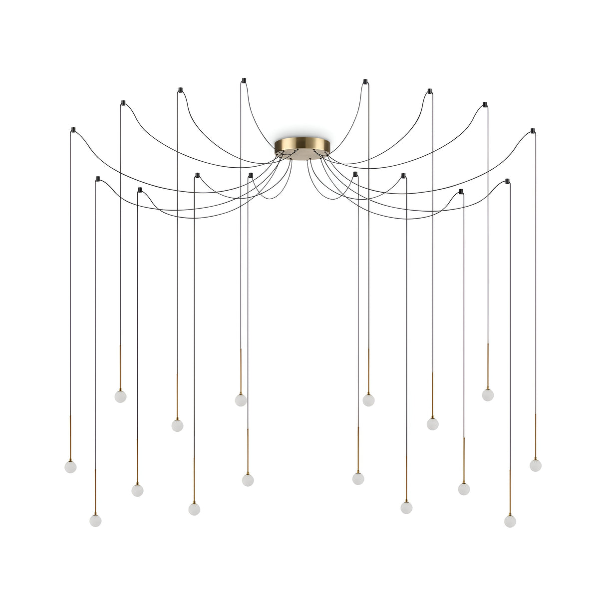 Introducing the Nimbus 16 LED Light Suspension, featuring a central brass structure with an opulent finish. This modern chandelier incorporates multiple black cables extending outward, each holding a white spherical bulb at different lengths, resulting in an elegant cascading effect that adds sophistication to any room. With a total output of 16W and a warm glow of 3000K, this fixture serves as both functional and luxurious lighting.