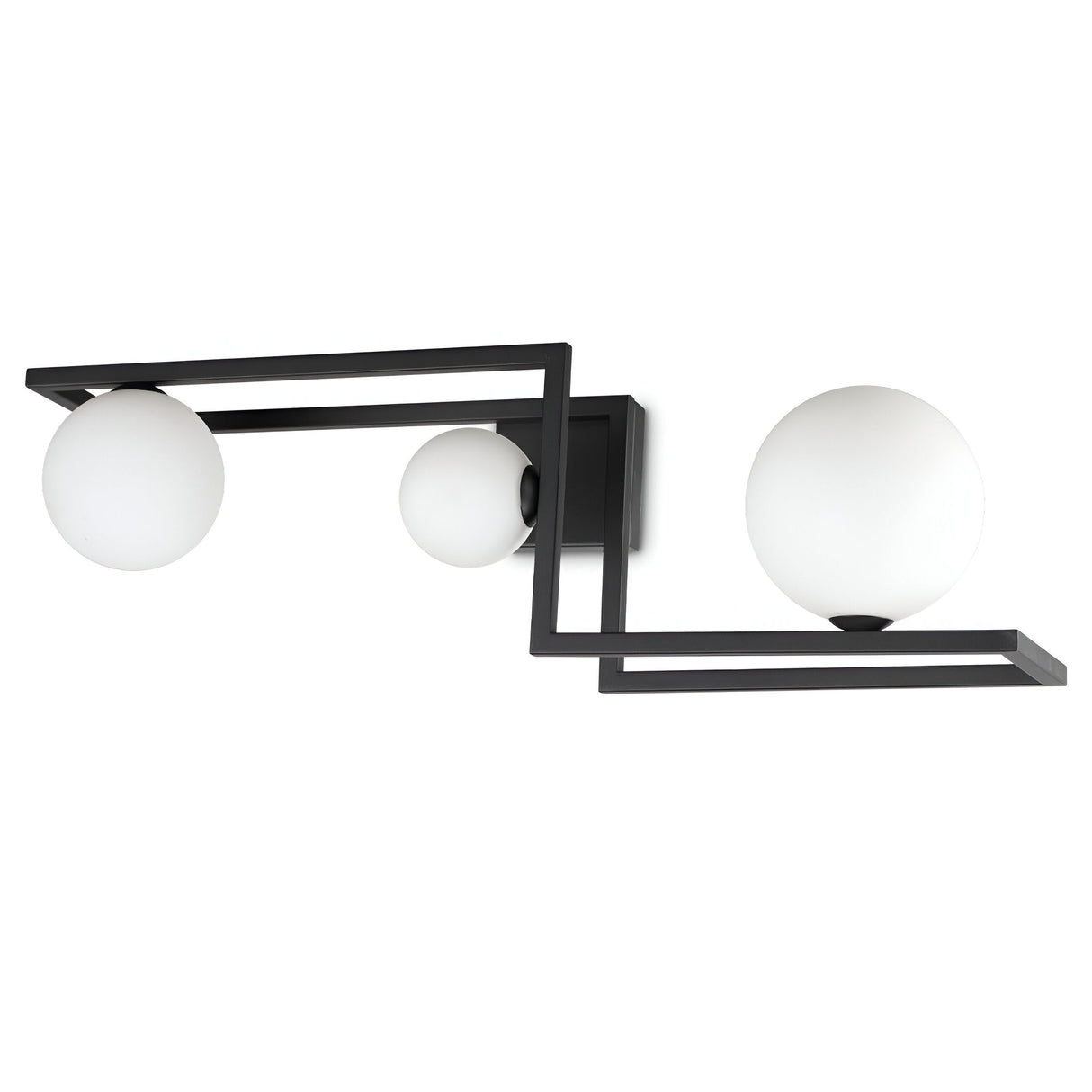 Introducing the Dazzle 3 Light Flush - Black, a contemporary wall sconce with a modern black metal construction and an angular design. It features three white globe lights positioned at varying heights, offering a sleek aesthetic that perfectly complements any geometric flush-mount elements in your space.