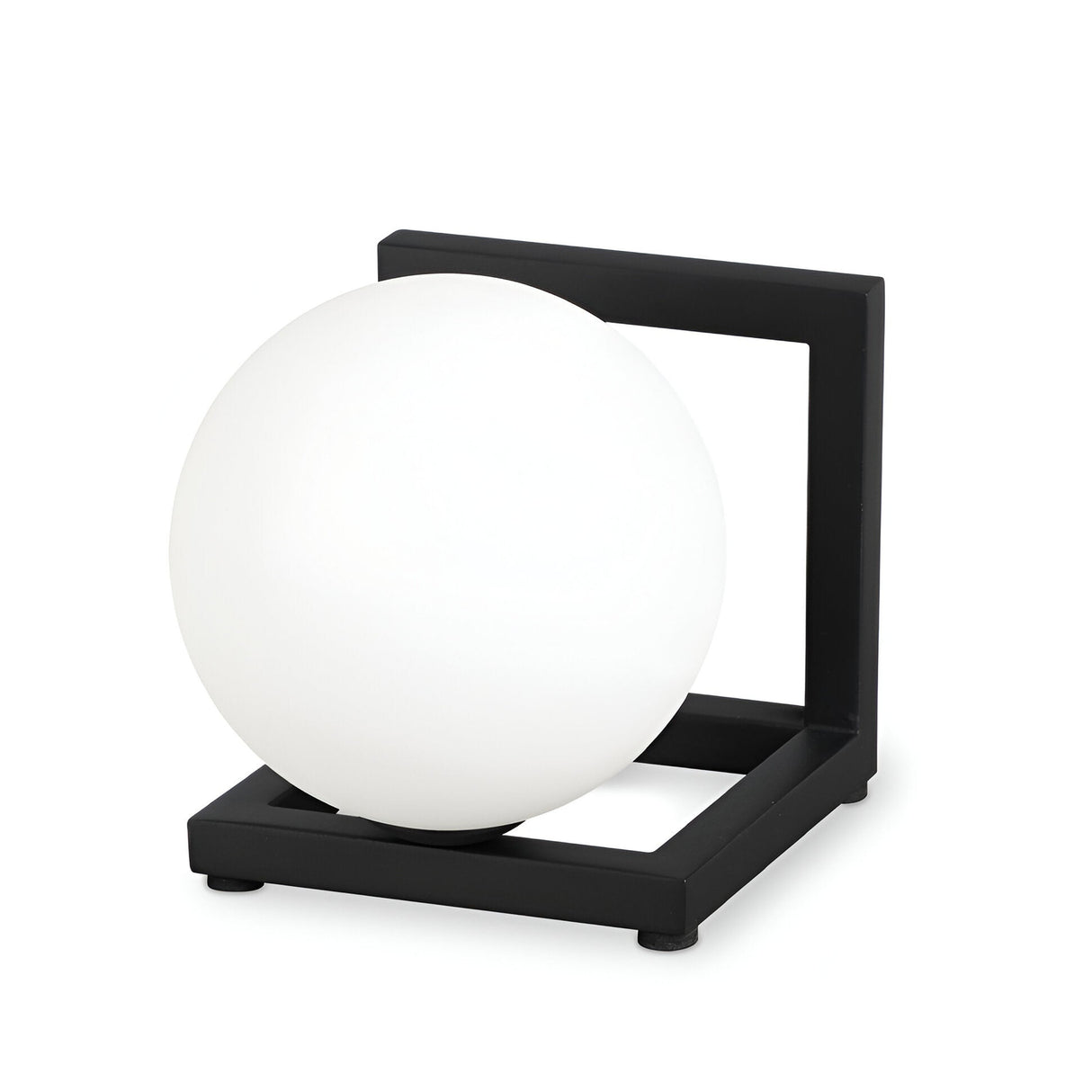 The Dazzle Table Lamp - Black showcases a contemporary design with a white spherical bulb encased in a black square frame, all refined with a sleek black finish. It rests elegantly on any flat surface, exuding modern elegance through the striking contrast between its round bulb and angular frame.