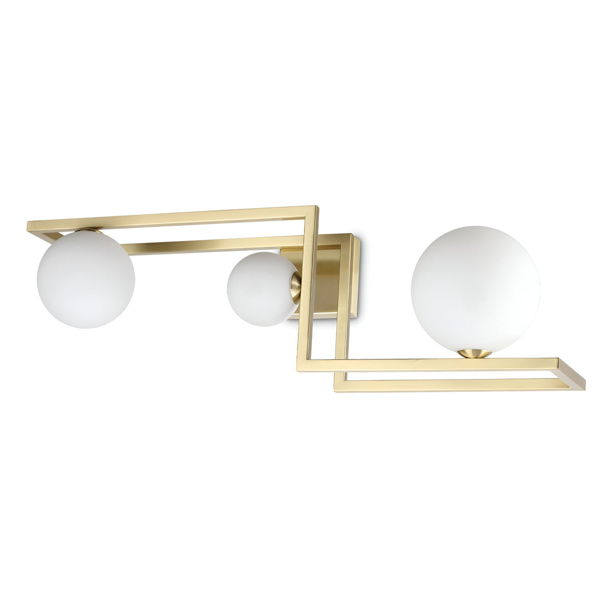 The Dazzle 3 Light Flush - Brass offers elegant lighting with its geometric gold metal frame and dual round white globes. Crafted with sleek, angular lines, this modern wall sconce delivers a contemporary aesthetic resembling a brass flush mount design.