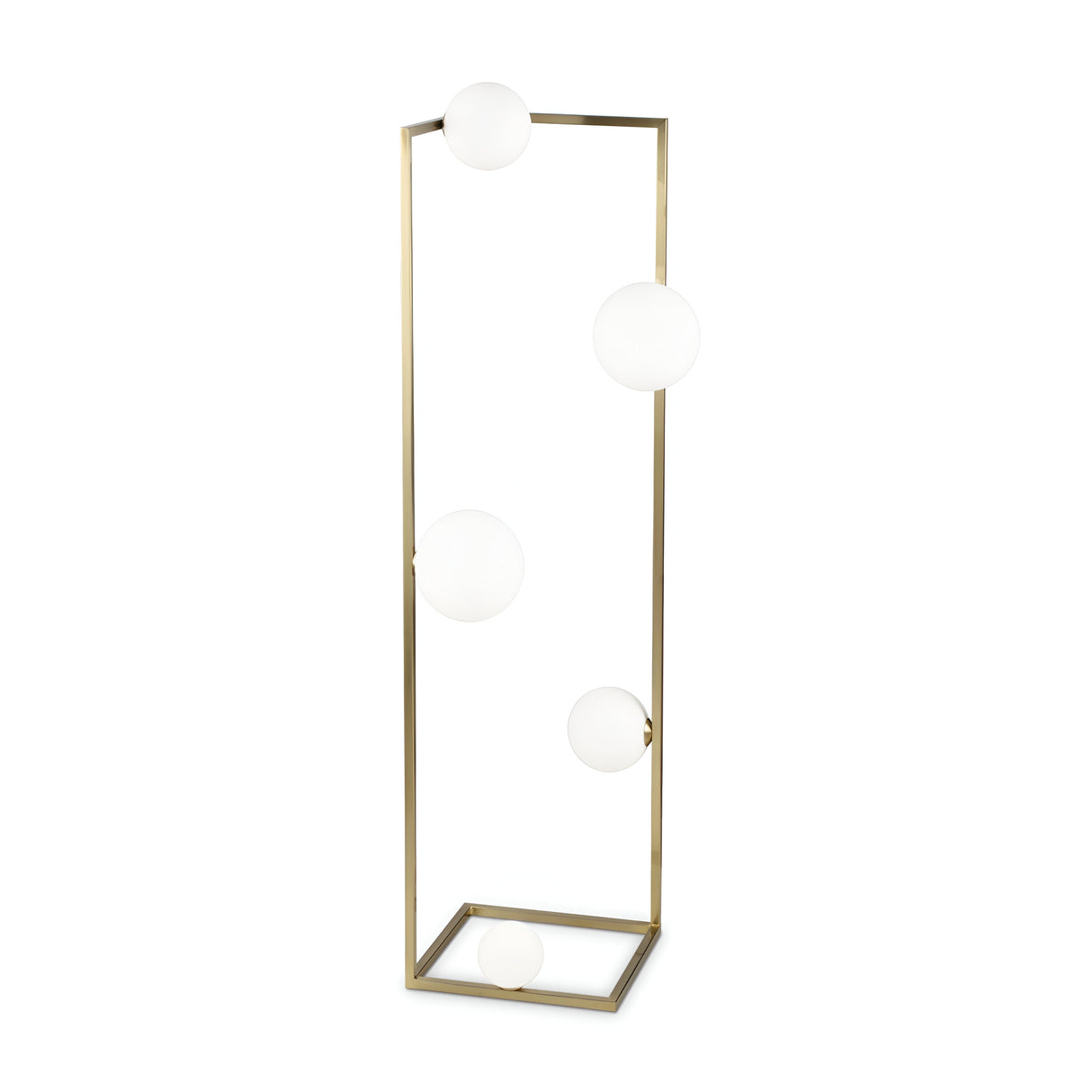Introducing the Dazzle Floor Lamp - Brass, a sophisticated lighting fixture ideal for both modern and classic spaces. It showcases a polished brass finish and includes a geometric frame adorned with five frosted globes positioned at different heights, seamlessly combining clean lines with spherical details for an ultra-contemporary appearance.