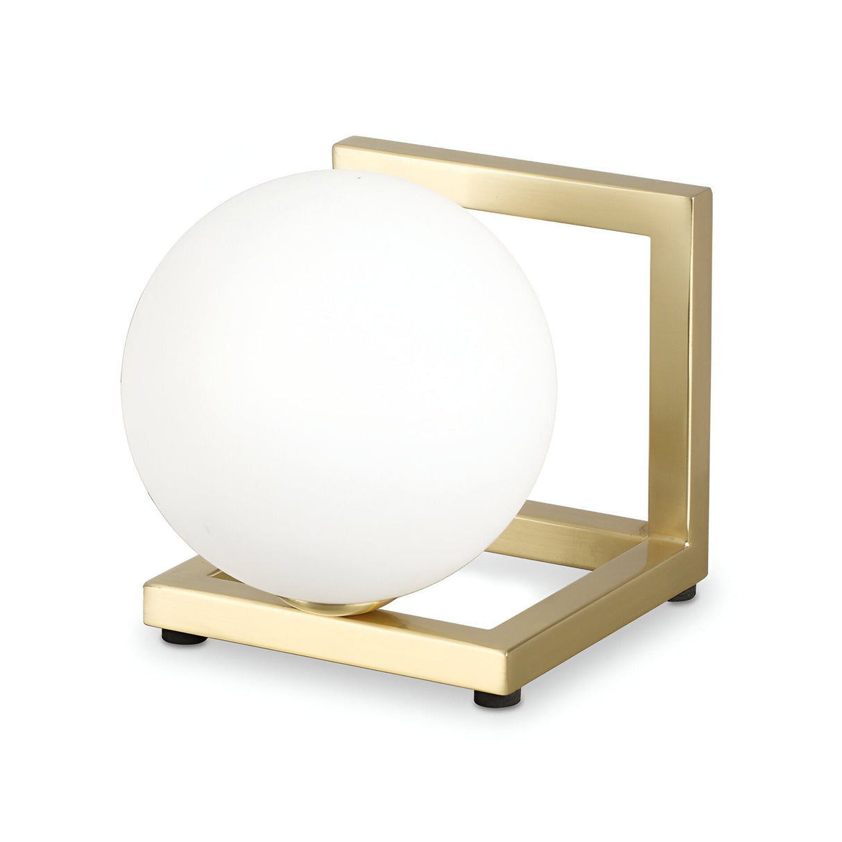 The Dazzle Table Lamp - Brass presents a contemporary style with its geometric design, incorporating a white spherical shade nestled within a brass-colored square metal frame.