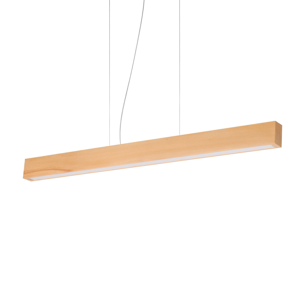 The Erin LED Wood Linear Suspension 37W 3000K in Light Brown is a modern, rectangular pendant light suspended from the ceiling by two cables. It features an LED wood finish that emits a soft, warm glow and boasts a minimalist design, making it ideal for energy-efficient lighting in contemporary interiors.