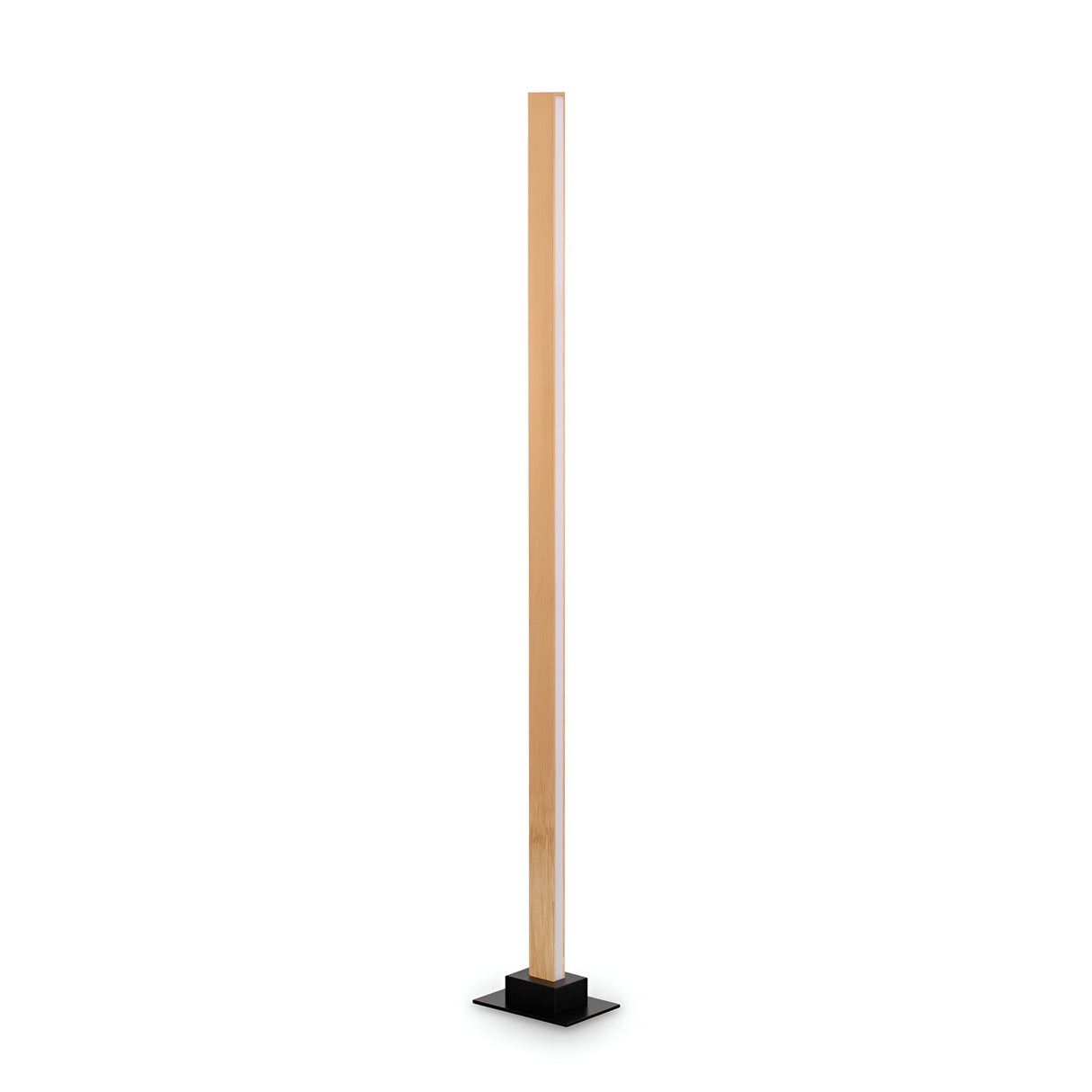 A tall, slender post made from natural wood, in a light brown hue, is vertically positioned on a small rectangular black base against a simple white background, capturing the elegant design of the Erin Wood LED Floor Lamp 26W 3000K with a focus on energy-efficient lighting.