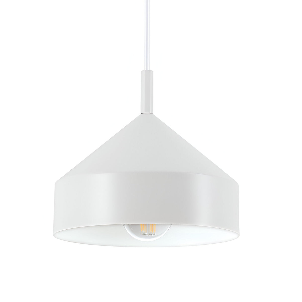 The Elysian 1 Light Pendant - White, 21cm is a modern pendant light featuring a conical white shade and cord, perfect for minimalist lighting on a plain white background.