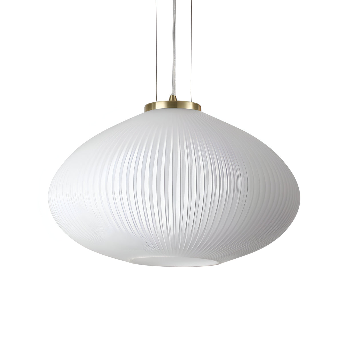 The Zephyr 1 Light Pendant - White/Gold, 45cm features a sophisticated modern design with a white acid-etched blown glass shade complemented by gold accents at the top. It's suspended by two thin cords, creating a sleek and elegant look ideal for any contemporary setting.