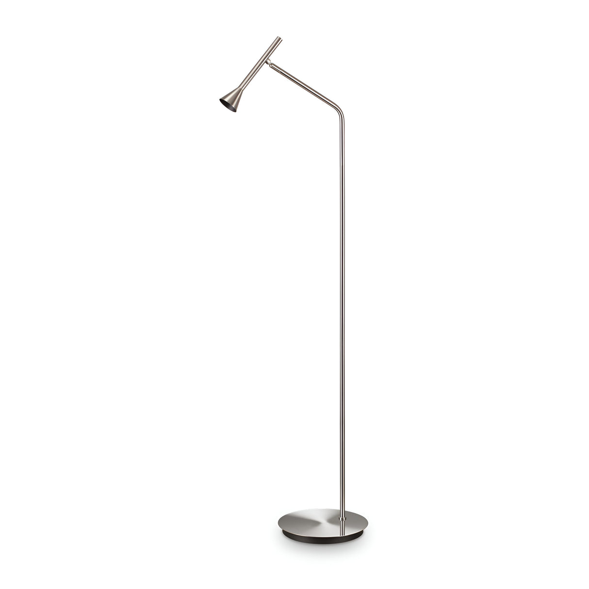 The Solenia LED Floor Lamp 4.5W 3000K - Nickel features a sleek, modern design with a slender, angled stem and a small conical light head set on a round base. Its nickel finish enhances the minimalist aesthetic, making it energy-efficient and perfect for contemporary interiors.