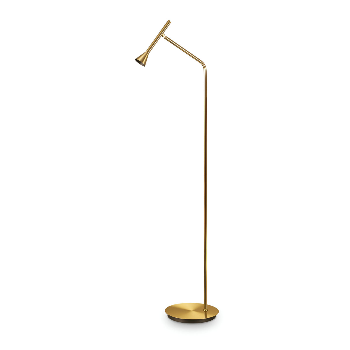 The Solenia LED Floor Lamp is a sleek and modern lighting fixture, boasting a minimalist design with a thin, angled stand and a compact, conical shade. This energy-efficient lamp rests on a circular base, all elegantly finished in luxurious brass.