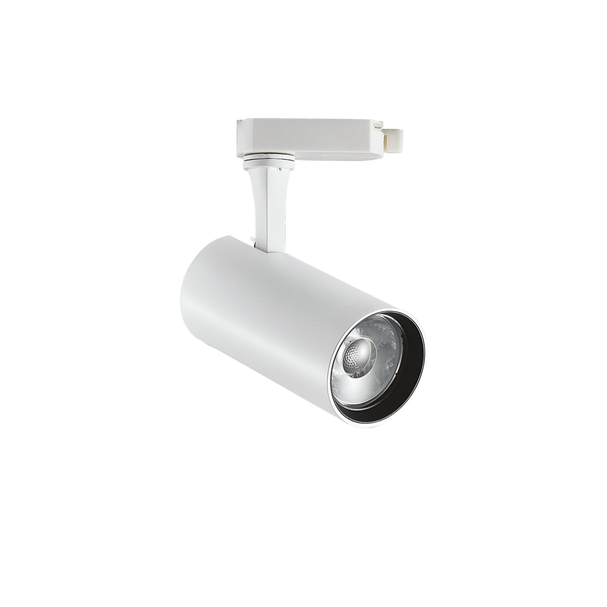 The Ignis LED Three Phase Track Spotlight 15W CRI90 3000K - White showcases a ceiling-mounted cylindrical design with an adjustable angle, making it ideal for versatile lighting applications. With a CRI90 rating, this white spotlight enhances color fidelity against a plain white background.