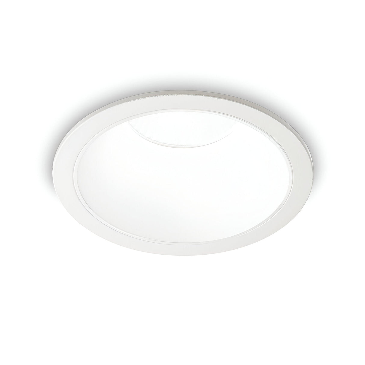 The Sally LED Round Recessed Trim Downlight, offering 11W and 2700K in white, is installed on a white ceiling. This minimalist recessed ceiling light features LED downlight technology with a smooth, flat surface and a subtle rim, providing modern and sleek illumination efficiently.